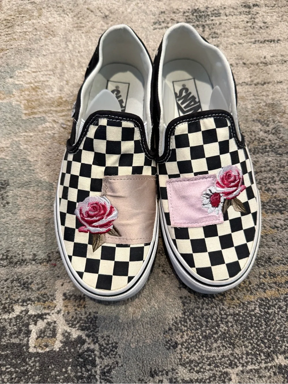 Vans Black & White Checkerboard Slip-On with Pink Rose Patches
